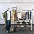 Retail Clothing Display Featuring Mannequin Coat Shirt and Pants on Hanging Racks