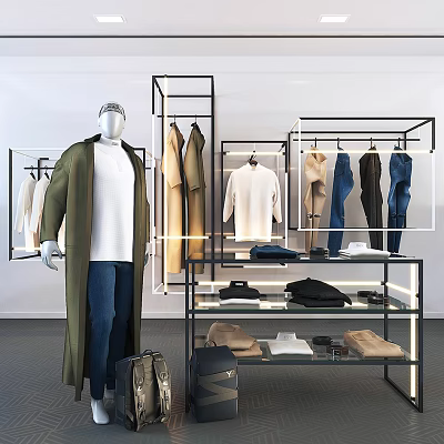Retail Clothing Display Featuring Mannequin Coat Shirt and Pants on Hanging Racks 3d model