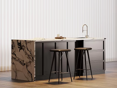 Elegant Bar Counter With Marble Top Dark Cabinets Faucet And Black Bar Stools 3d model