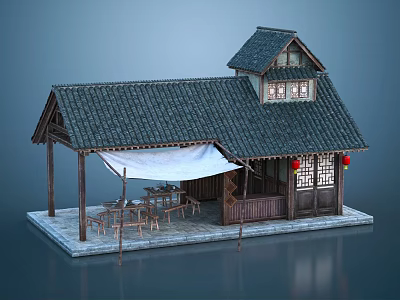 Traditional Chinese Architecture With Wooden Structure Tile Roof Eaves Red Lanterns And Outdoor Tables 3d model