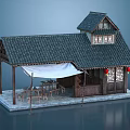 Traditional Chinese Architecture With Wooden Structure Tile Roof Eaves Red Lanterns And Outdoor Tables