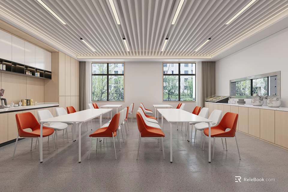 Modern Restaurant Interior Featuring Open Kitchen White Long Tables Orange Chairs And Large Windows 3d model 