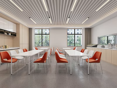 Modern Restaurant Interior Featuring Open Kitchen White Long Tables Orange Chairs And Large Windows 3d model