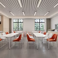 Modern Restaurant Interior Featuring Open Kitchen White Long Tables Orange Chairs And Large Windows