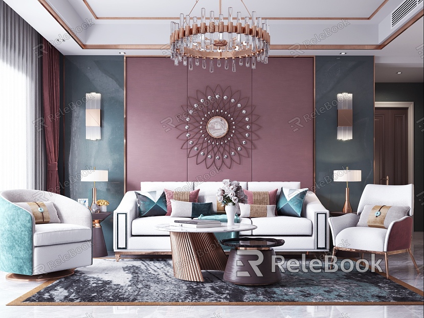 Living room sofa coffee table chandelier model