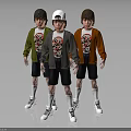 Three Boy Characters Wearing Colored Jackets Hats Black Shorts White Socks Sneakers T Shirt Prints