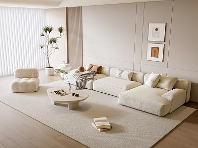 Modern Minimalist Beige Sofa Coffee Table Set With Round Table Green Plant Wall Art Carpet 3d model