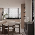 Modern Warm Open Plan Living And Dining Room With Elegant Wood Display Cabinets And Dining Set