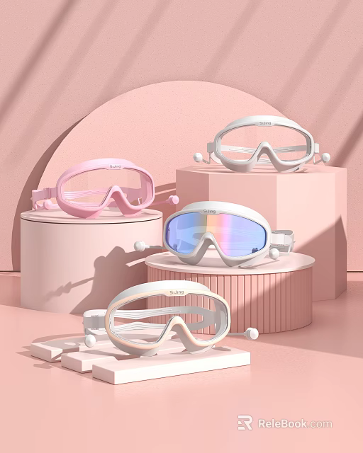 Assorted Swim Goggles in Pink White with Reflective Lenses on Pink Display Stands 3d model 