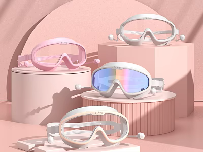Assorted Swim Goggles in Pink White with Reflective Lenses on Pink Display Stands 3d model