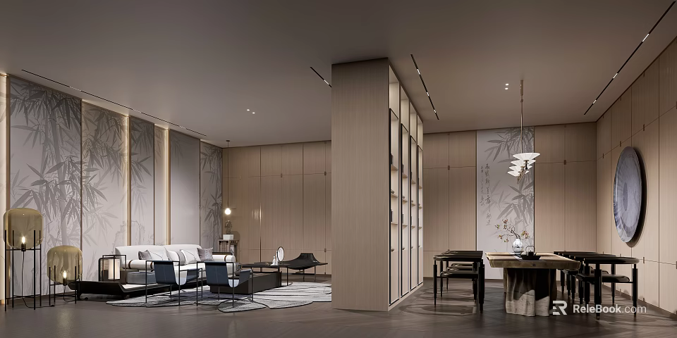 Modern Tea Room Interior Design With Wooden Decor Bamboo Walls Sofa Tables And Bookshelves 3d model 