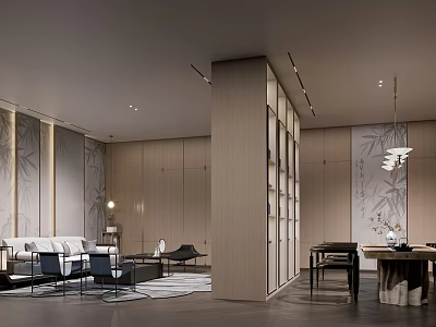 Modern Tea Room Interior Design With Wooden Decor Bamboo Walls Sofa Tables And Bookshelves 3d model