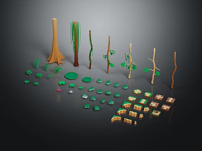 Various Plant Models with Tree Trunks Branches Green Leaves and Grass Elements 3d model