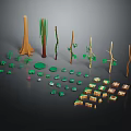 Various Plant Models with Tree Trunks Branches Green Leaves and Grass Elements