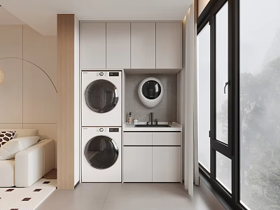 Home Balcony Featuring Washing Machine Dryer Sink White Cabinets Large Windows And Natural View 3d model