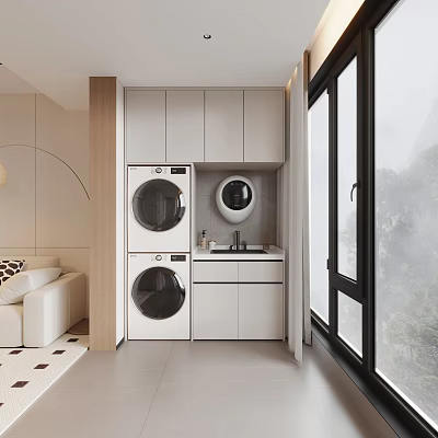 Home Balcony Featuring Washing Machine Dryer Sink White Cabinets Large Windows And Natural View 3d model