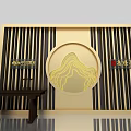 Chinese Style Wall Design With Vertical Stripes Circular Mountain Pattern And Wooden Table 3d model