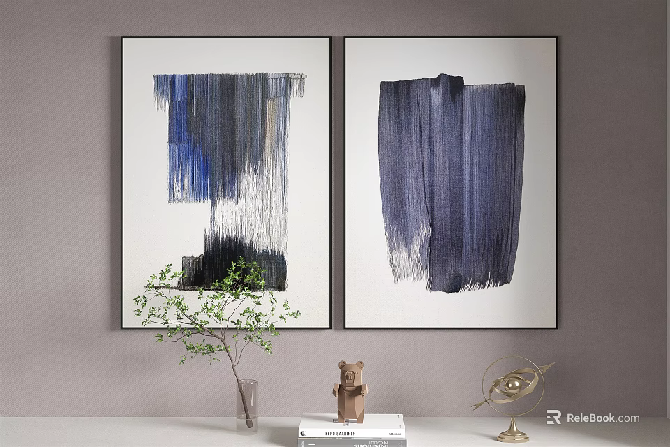 Abstract Paintings With Blue Brush Strokes Framed On Gray Wall For Interior Decor 3d model