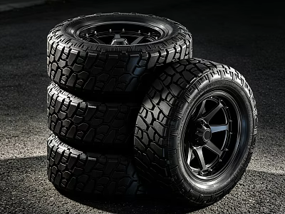 Stacked Off Road Tires With Black Spoke Wheels On Dark Asphalt Surface 3d model