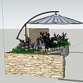 Outdoor Flower Planters and Flower Beds with Stone Wall Umbrella and Green Plants
