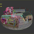 Cartoon Japanese Village Scene With Traditional Houses Red Maple Leaves And Stone Steps