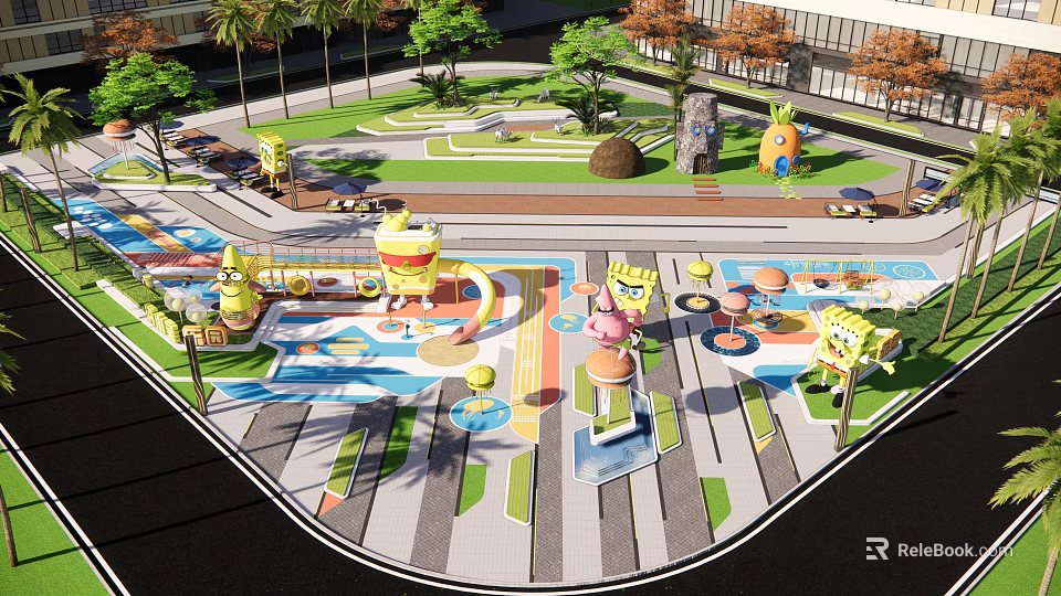 Colorful Kids Play Area With Slide Swings Climbing Structures And Green Trees 3d model 