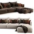 Beige And Brown L Shaped Sectional Sofa With Multiple Patterned Cushions And Cozy Blanket 3d model