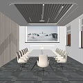 Modern Conference Room Interior Design With Long Table White Chairs Projector Screen And Striped Wall