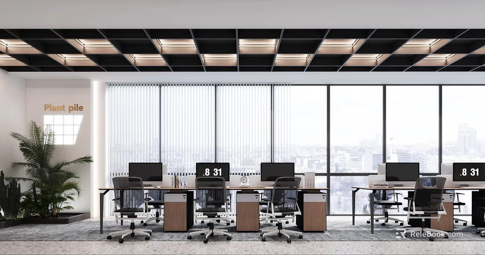 Open Plan Public Office Space With Workstations Computer Monitors Large Windows And Window Blinds 3d model