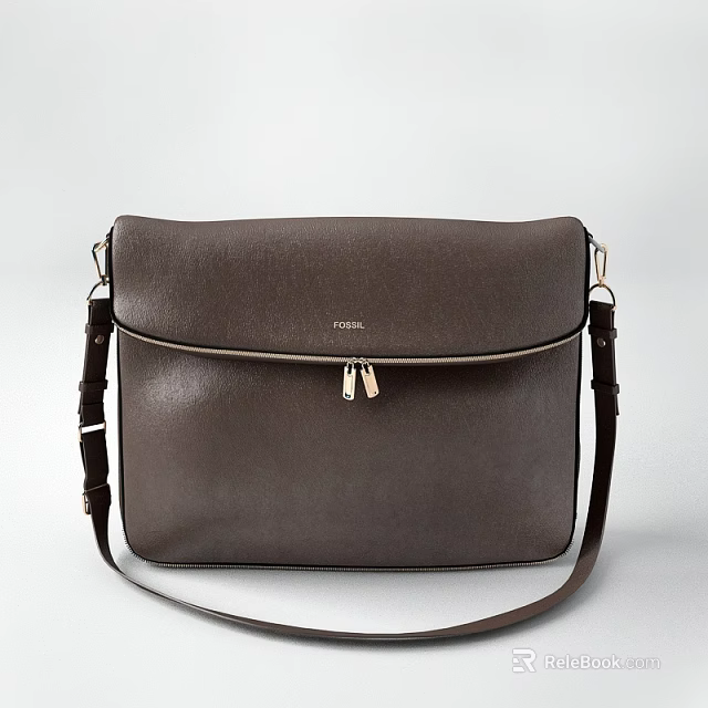 Fossil Dark Brown Genuine Leather Shoulder Bag With Metallic Zipper And Adjustable Strap 3d model 