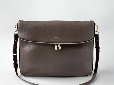 Fossil Dark Brown Genuine Leather Shoulder Bag With Metallic Zipper And Adjustable Strap 3d model