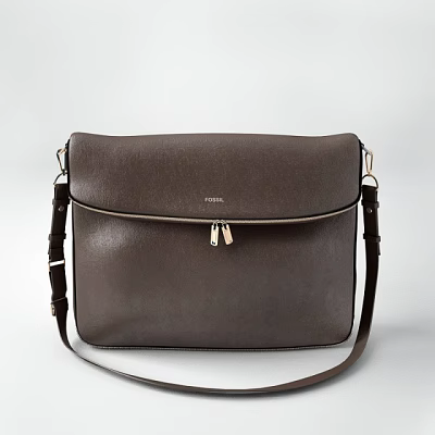 Fossil Dark Brown Genuine Leather Shoulder Bag With Metallic Zipper And Adjustable Strap 3d model