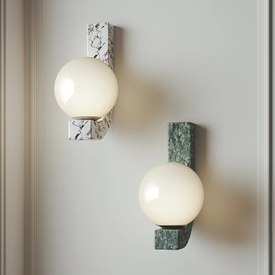 Elegant Wall Lamps With Spherical White Shades And Marble Green Bases Mounted On Gray Wall 3d model