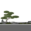 Bonsai Tree Garden Ornament with Rocks and Grass in Rectangular Container Against White Wall 3d model