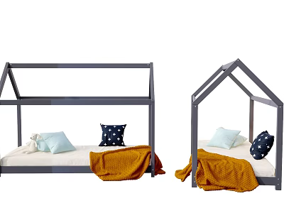 House Shaped Gray Wooden Children's Bed With White And Blue Star Pillow And Orange Blanket 3d model