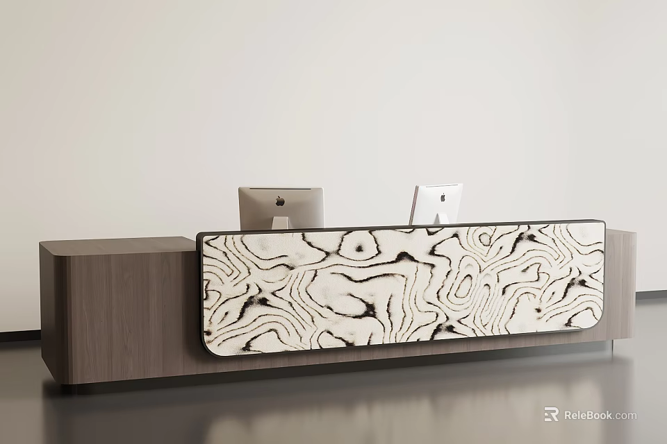 Modern Office Reception Desk With Wood Grain Design And Two Computer Monitors 3d model
