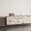 Modern Office Reception Desk With Wood Grain Design And Two Computer Monitors 3d model