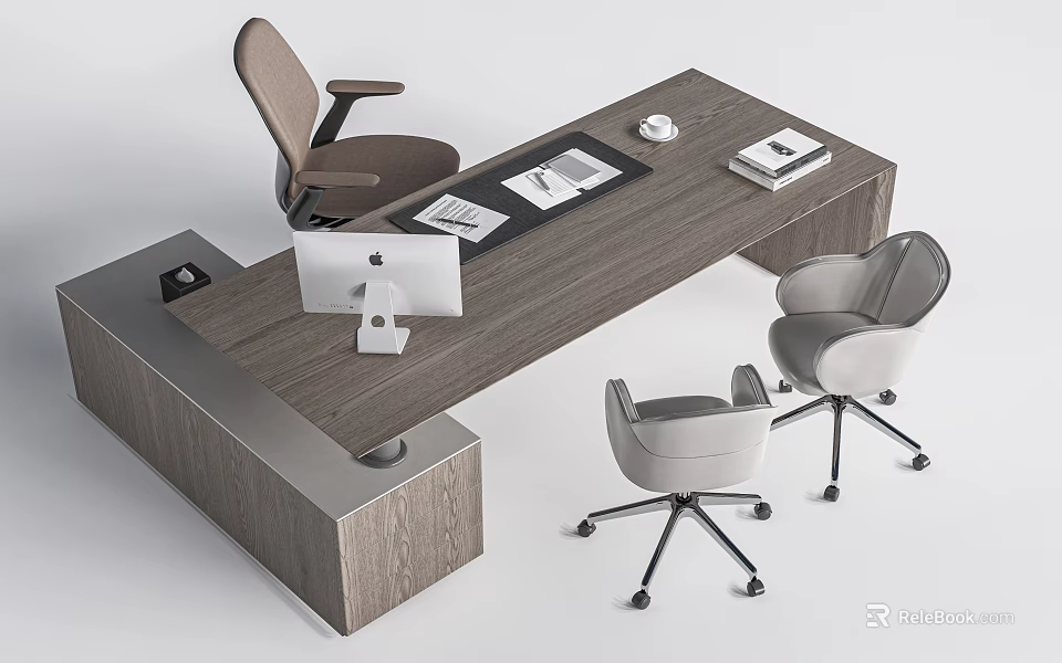 Modern Wooden Office Desk And Chair Set With Computer Documents And Minimalist Chairs 3d model 