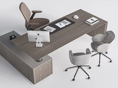 Modern Wooden Office Desk And Chair Set With Computer Documents And Minimalist Chairs 3d model