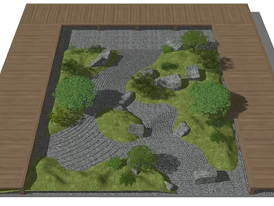 Karesansui Zen Garden Design With Wooden Deck Stones Moss Pathway And Greenery 3d model