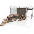 Modern Construction Site With Barbed Wire Fence Rolled Materials And Wooden Planks