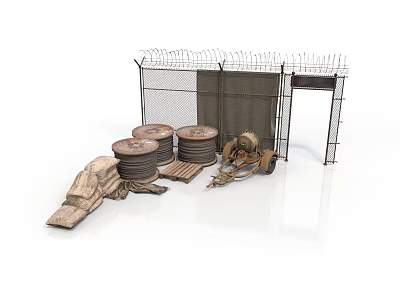 Modern Construction Site With Barbed Wire Fence Rolled Materials And Wooden Planks 3d model