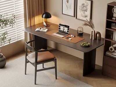 Modern Home Office Desk With Laptop Desk Lamp Green Plant And Chair 3d model