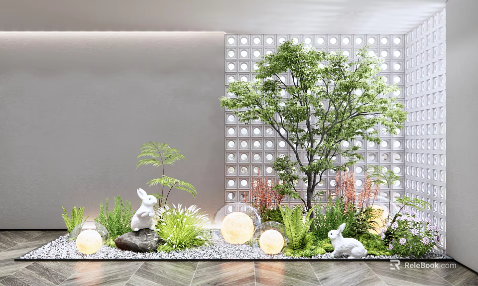 Garden Ornament with Rabbit Sculptures Tree Round Lights Green Plants Pebble Floor White Perforated Wall 3d model 