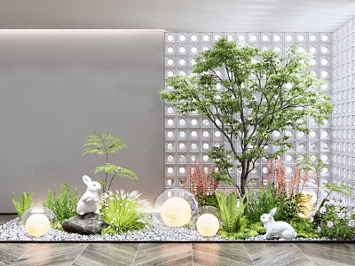 Garden Ornament with Rabbit Sculptures Tree Round Lights Green Plants Pebble Floor White Perforated Wall 3d model