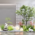 Garden Ornament with Rabbit Sculptures Tree Round Lights Green Plants Pebble Floor White Perforated Wall