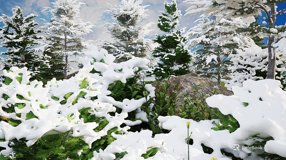 Winter Scenic Landscape With Snow Covered Trees Bushes And Rock Under Blue Sky 3d model 