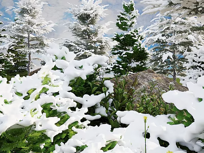 Winter Scenic Landscape With Snow Covered Trees Bushes And Rock Under Blue Sky 3d model