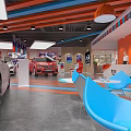Automotive Showroom Interior With Red White Black Cars And Orange Blue Stripes
