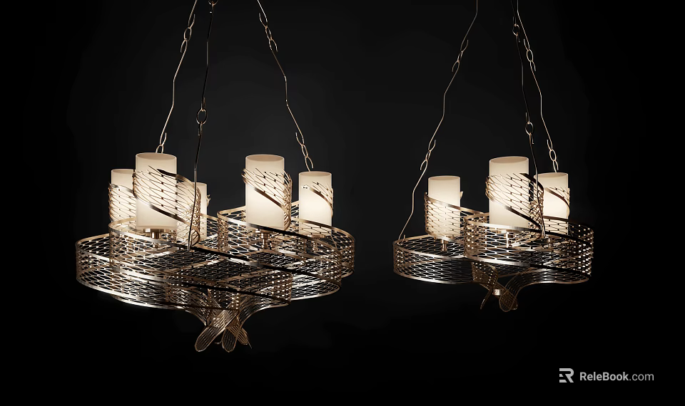 Modern Chandeliers with Metallic Woven Frame White Cylindrical Shades Lit Up 3d model 